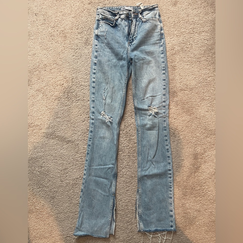 Zara Light Blue Distressed Flare Jeans